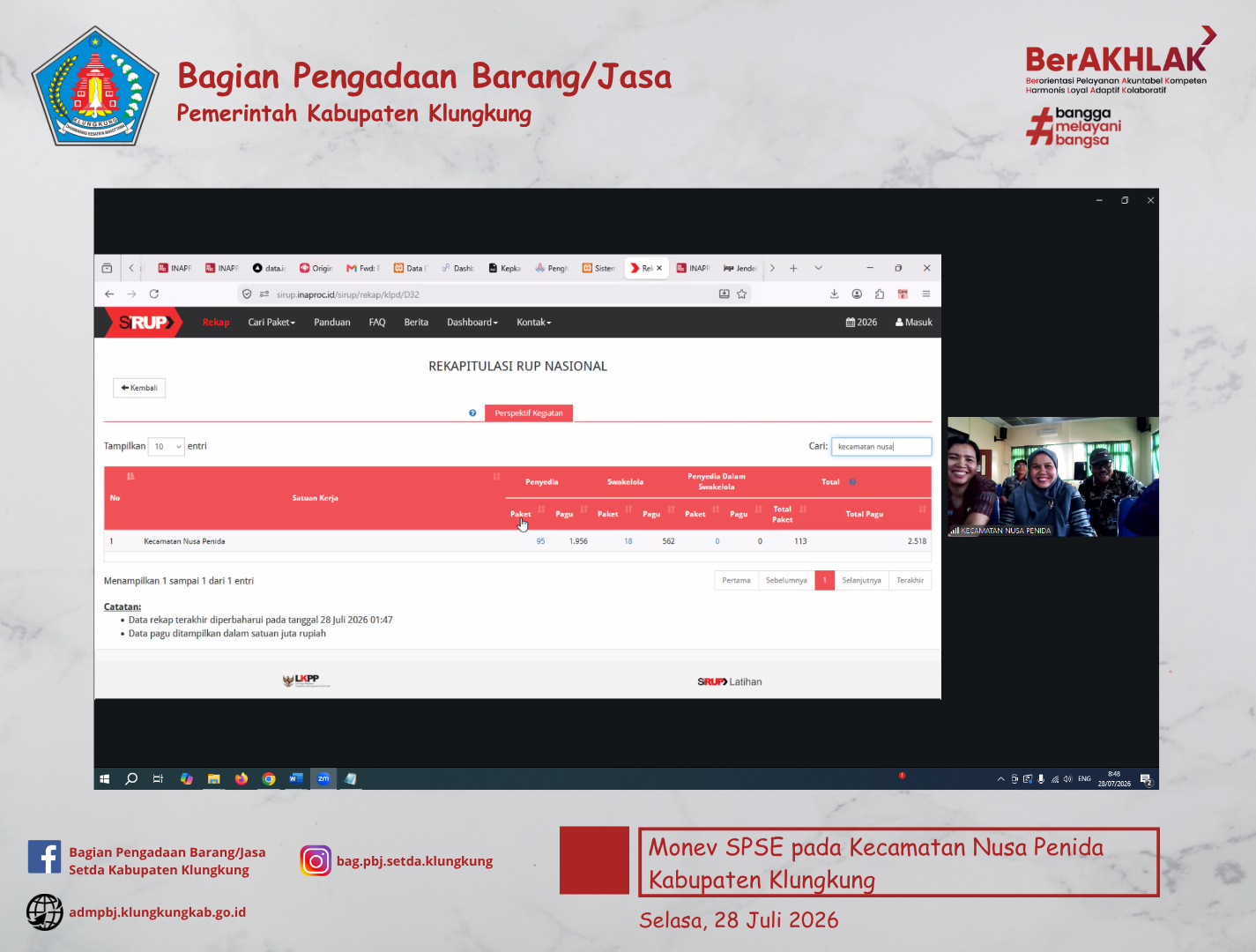 Monitoring Pelaksanaan SPSE dan Sistem Pendukungnya (E-Katalog Versi 6, E-Kontrak, Pencatatan Non Tender dan Pencatatan Swakelola) pada Kecamatan Nusa Penida Kabupaten Klungkung